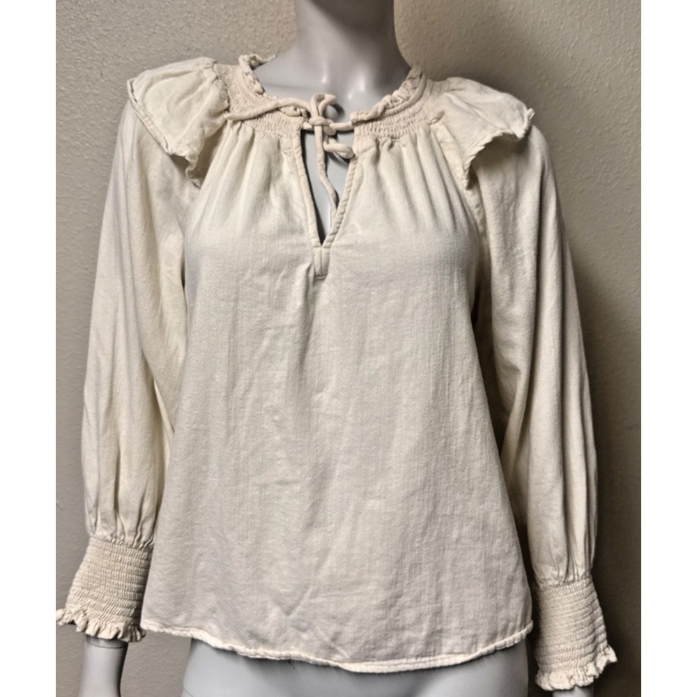 Womens Top Cosplay Ren Fair Puff Long Sleeve Tie Front Ruffle Smocked Peasant SM